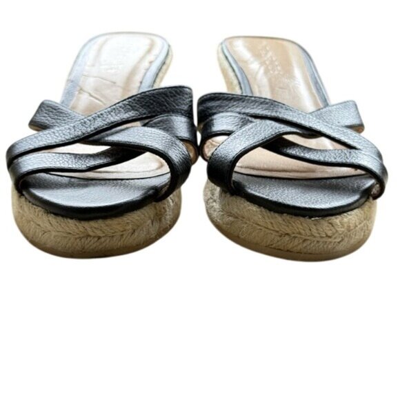 Talbots Black Women's Leather Wedge Espadrille Slide Sandals, size 8 - Picture 4 of 14